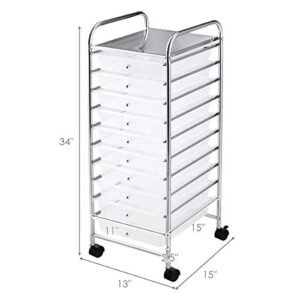 RELAX4LIFE Storage Cart W/10 Drawers,Rolling Wheels Semi-Transparent Multipurpose Mobile Rolling Drawer Cart for School, Office, Home, Beauty Salon Files Arrangement Storage Organizer Cart (Clear)