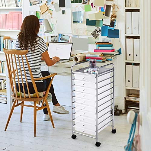 RELAX4LIFE Storage Cart W/10 Drawers,Rolling Wheels Semi-Transparent Multipurpose Mobile Rolling Drawer Cart for School, Office, Home, Beauty Salon Files Arrangement Storage Organizer Cart (Clear)