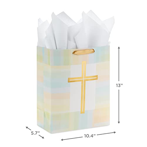 Hallmark 13" Large Gift Bag with Tissue Paper (Gold Cross, Green, Yellow) for Easter, First Communion, Confirmation, Weddings, Clergy Day