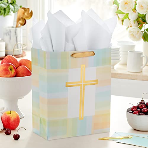 Hallmark 13" Large Gift Bag with Tissue Paper (Gold Cross, Green, Yellow) for Easter, First Communion, Confirmation, Weddings, Clergy Day