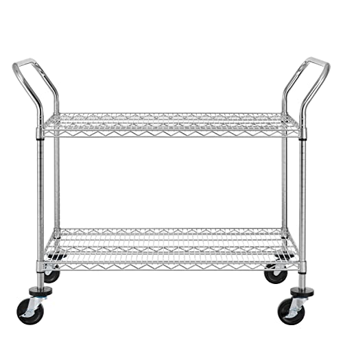 Finnhomy 2-Tier Commercial Grade Rolling Cart, Heavy Duty Utility Cart, Carts with Wheels and Double Side Handles, Kitchen Cart Trolley on Wheels, Metal Serving Cart with 600 lbs Capacity, NSF Listed