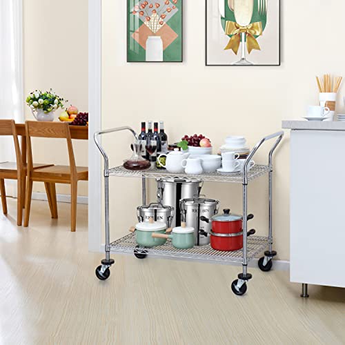 Finnhomy 2-Tier Commercial Grade Rolling Cart, Heavy Duty Utility Cart, Carts with Wheels and Double Side Handles, Kitchen Cart Trolley on Wheels, Metal Serving Cart with 600 lbs Capacity, NSF Listed