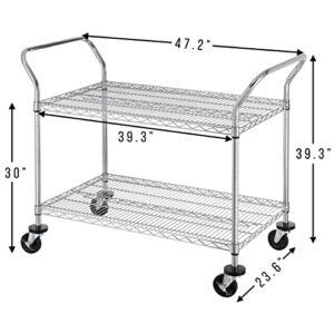 Finnhomy 2-Tier Commercial Grade Rolling Cart, Heavy Duty Utility Cart, Carts with Wheels and Double Side Handles, Kitchen Cart Trolley on Wheels, Metal Serving Cart with 600 lbs Capacity, NSF Listed