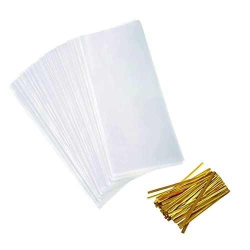 Purple Q Crafts Clear Cellophane Bags For Wine Bottles 6" x 18" Wine Gift Cello Bags With 50 Gold 4" Twist Ties (50 Pack)