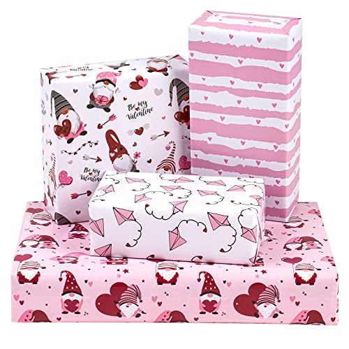 BIOBROWN Wrapping Paper Sheet - Pink with Gnome Design for Valentine's Day - Folded Flat - 19.6 inch X 27.5 inch per Sheet, Total of 12 Sheet