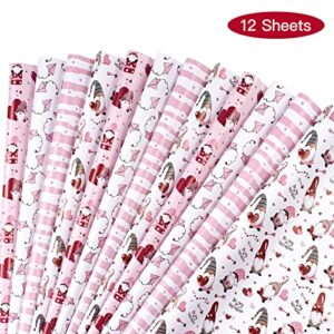 BIOBROWN Wrapping Paper Sheet - Pink with Gnome Design for Valentine's Day - Folded Flat - 19.6 inch X 27.5 inch per Sheet, Total of 12 Sheet