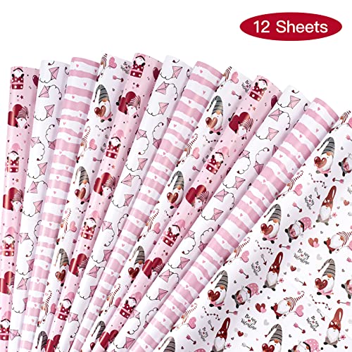 BIOBROWN Wrapping Paper Sheet - Pink with Gnome Design for Valentine's Day - Folded Flat - 19.6 inch X 27.5 inch per Sheet, Total of 12 Sheet