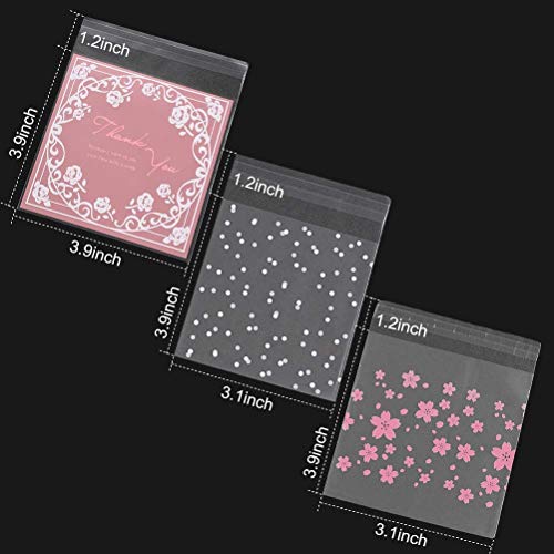 Self Adhesive Treat Bag 300Pcs 3 Different Patterns Self Adhesive Plastic Cookie Bags 100 Pcs Cherry Blossoms Bags, 100 Pcs Pink Rose Bags & 100 Pcs White Polka Dot Bags Gift DIY Plastic Bag