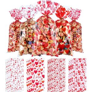 Blulu 100 Pack Valentines Party Treat Bags Plastic Valentines Cellophane Candy Bags Red Valentine's Day Cookie Bags 4 Styles Valentine Gift Bags with 200 Pieces Twist Ties for Valentine Party Supplies