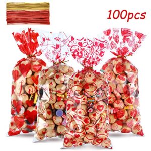 Blulu 100 Pack Valentines Party Treat Bags Plastic Valentines Cellophane Candy Bags Red Valentine's Day Cookie Bags 4 Styles Valentine Gift Bags with 200 Pieces Twist Ties for Valentine Party Supplies