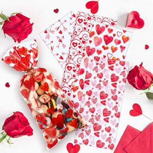 Blulu 100 Pack Valentines Party Treat Bags Plastic Valentines Cellophane Candy Bags Red Valentine's Day Cookie Bags 4 Styles Valentine Gift Bags with 200 Pieces Twist Ties for Valentine Party Supplies