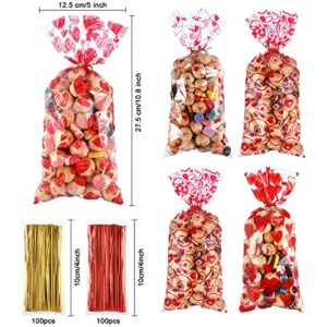 Blulu 100 Pack Valentines Party Treat Bags Plastic Valentines Cellophane Candy Bags Red Valentine's Day Cookie Bags 4 Styles Valentine Gift Bags with 200 Pieces Twist Ties for Valentine Party Supplies