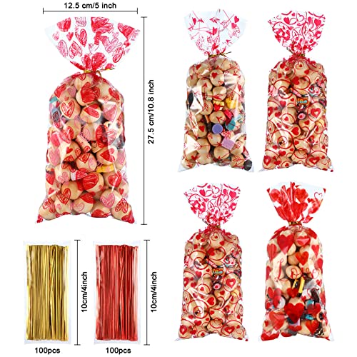 Blulu 100 Pack Valentines Party Treat Bags Plastic Valentines Cellophane Candy Bags Red Valentine's Day Cookie Bags 4 Styles Valentine Gift Bags with 200 Pieces Twist Ties for Valentine Party Supplies