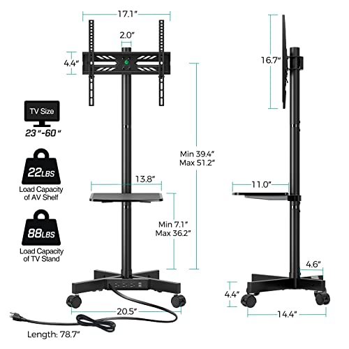 Greenstell TV Stand with Power Outlet, Mobile TV Cart on Wheels for 23-60 inch LED LCD Flat Curved Panel Screens TVs up to 88 lbs, Height Adjustable Rolling TV Stand with AV Shelf, Max VESA 400x400mm