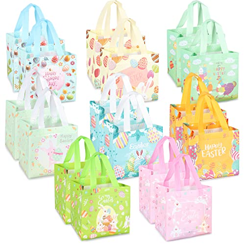 16PCS Happy Easter Egg Hunt Bags Easter Bunny Carrot Chick Egg Gift Bags with Handles, Easter Treat Bags, Multifunctional Non-Woven Easter Bags for Gifts Wrapping, Egg Hunt, Easter Party Supplies , 8.3×7.9×5.9inch