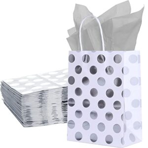 timblessing 24 pcs silver gold foil polka dots ，bulk kraft party gift bags， 24 grey sheets of wrapping paper, small size gift bag, (8.6×3.2×5.9 inch)