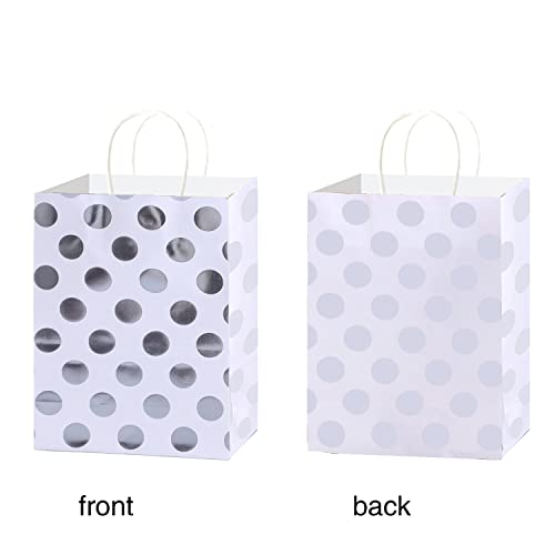 TIMBLESSING 24 pcs silver gold foil polka dots ，Bulk Kraft Party Gift Bags， 24 grey Sheets of Wrapping Paper, Small Size Gift Bag, (8.6x3.2x5.9 Inch)