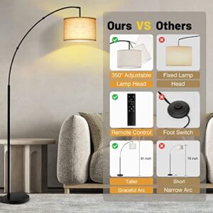 OUTON Arc Floor Lamp with Remote Control, 81" Height Dimmable LED Floor Lamp with Stepless Color Temperature, Tall Standing Lamp with Adjustable Hanging Drum Beige Shade for Living Room, Bedroom