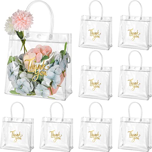 100 Pcs Clear PVC Plastic Gift Bags with Handle Thank You Gift Bags Reusable Transparent Bags Plastic Wrap Tote Bags Bulk Heavy Duty Gift Clear Plastic Favors Bags 7.8 x 7.8 x 3.1 Inch