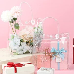 100 Pcs Clear PVC Plastic Gift Bags with Handle Thank You Gift Bags Reusable Transparent Bags Plastic Wrap Tote Bags Bulk Heavy Duty Gift Clear Plastic Favors Bags 7.8 x 7.8 x 3.1 Inch