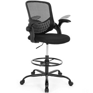 drafting chair, standing desk chair, tall office chair, counter height office chairs, ergonomic computer task chair, adjustable mesh office chair with flip-up armrests and foot-ring, black