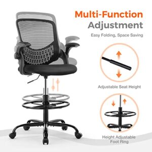 Drafting Chair, Standing Desk Chair, Tall Office Chair, Counter Height Office Chairs, Ergonomic Computer Task Chair, Adjustable Mesh Office Chair with Flip-up Armrests and Foot-Ring, Black