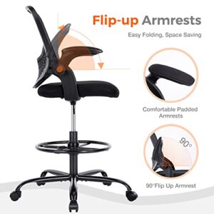 Drafting Chair, Standing Desk Chair, Tall Office Chair, Counter Height Office Chairs, Ergonomic Computer Task Chair, Adjustable Mesh Office Chair with Flip-up Armrests and Foot-Ring, Black