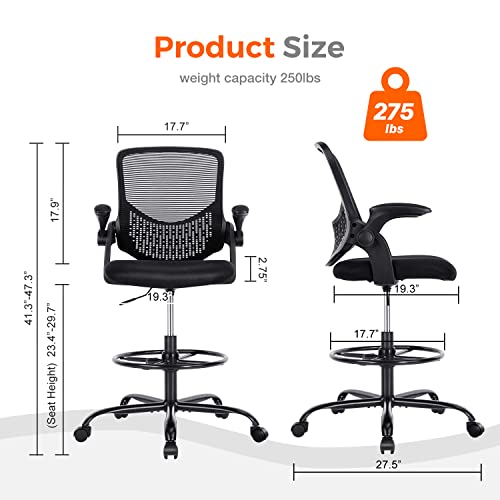 Drafting Chair, Standing Desk Chair, Tall Office Chair, Counter Height Office Chairs, Ergonomic Computer Task Chair, Adjustable Mesh Office Chair with Flip-up Armrests and Foot-Ring, Black
