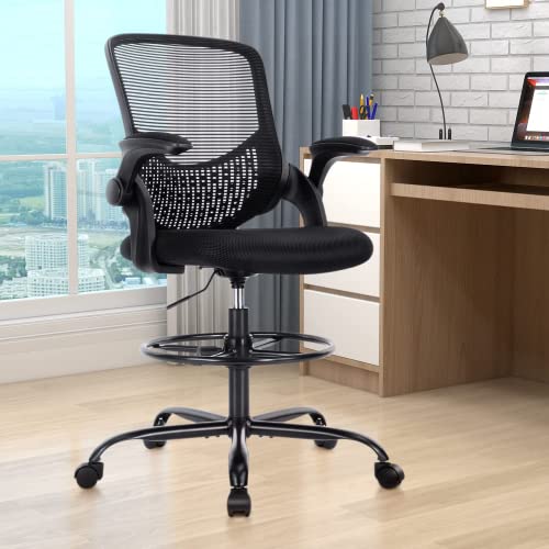 Drafting Chair, Standing Desk Chair, Tall Office Chair, Counter Height Office Chairs, Ergonomic Computer Task Chair, Adjustable Mesh Office Chair with Flip-up Armrests and Foot-Ring, Black