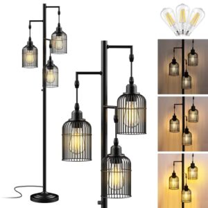 qimh industrial floor lamp for living room,led farmhouse standing lamp with 3 birdcage hanging shade, dimmable tall lamp rustic home decor for bedroom office, black (bulbs included)