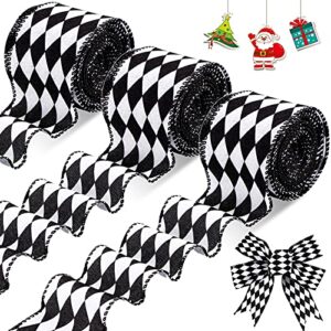 3 rolls 2.5 inch 30 yards black white harlequin ribbon halloween christmas checkered wired ribbon decorative ribbons for xmas fall tree wrapping wreath bouquet crafts