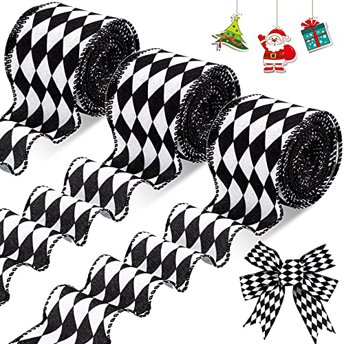 3 Rolls 2.5 Inch 30 Yards Black White Harlequin Ribbon Halloween Christmas Checkered Wired Ribbon Decorative Ribbons for Xmas Fall Tree Wrapping Wreath Bouquet Crafts