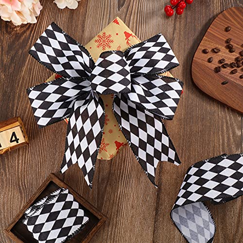 3 Rolls 2.5 Inch 30 Yards Black White Harlequin Ribbon Halloween Christmas Checkered Wired Ribbon Decorative Ribbons for Xmas Fall Tree Wrapping Wreath Bouquet Crafts