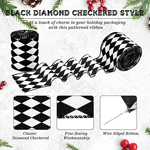 3 Rolls 2.5 Inch 30 Yards Black White Harlequin Ribbon Halloween Christmas Checkered Wired Ribbon Decorative Ribbons for Xmas Fall Tree Wrapping Wreath Bouquet Crafts