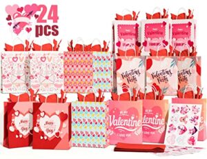 72pcs valentines day gift bags bulk with 24 bags 9”x7”x3.5” 24 tissue paper&24 stickers for kids adults holiday goody candy chocolate bakery treat bag for gift giving,classrooms gift exchange,party favor