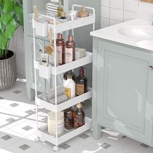 Ronlap Slim Storage Cart, 4 Tier Utility Rolling Cart with Wheels Mobile Slide Out Storage Organizer Cart with Handle Hanging Cups Dividers for Bathroom Laundry Room Kitchen Office Narrow Place, White