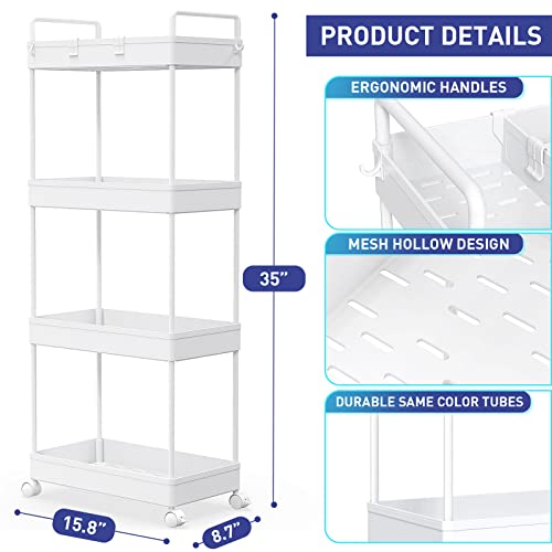 Ronlap Slim Storage Cart, 4 Tier Utility Rolling Cart with Wheels Mobile Slide Out Storage Organizer Cart with Handle Hanging Cups Dividers for Bathroom Laundry Room Kitchen Office Narrow Place, White