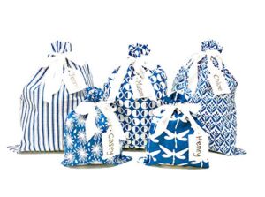 appleby lane 100% cotton fabric gift bags (standard set, blue) set of 5 bags, three 12×16 inch and two 8×10 in bags