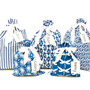 Appleby Lane 100% Cotton Fabric Gift Bags (Standard Set, Blue) Set of 5 bags, three 12x16 inch and two 8x10 in bags