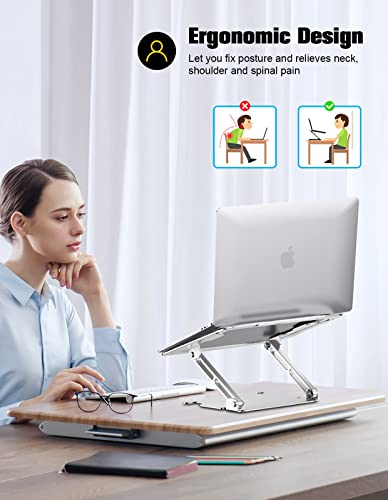 RIWUCT Adjustable Laptop Stand, Ergonomic Laptop Riser Holder for Desk, Aluminum Sturdy Dual Rotation Axis Foldable Computer Stand, Compatible with MacBook Pro All Notebooks 10-16" (Silver)