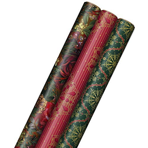 Hallmark Victorian Christmas Wrapping Paper with Cut Lines on Reverse (3 Rolls: 120 sq. ft. ttl) Luxe Florals & Snowflake Patterns, Dark Reds, Forest Greens