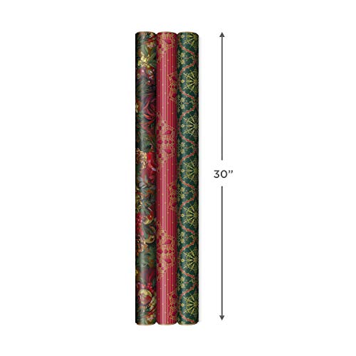 Hallmark Victorian Christmas Wrapping Paper with Cut Lines on Reverse (3 Rolls: 120 sq. ft. ttl) Luxe Florals & Snowflake Patterns, Dark Reds, Forest Greens