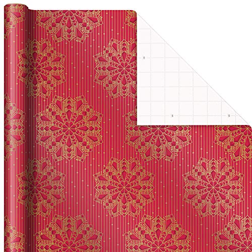 Hallmark Victorian Christmas Wrapping Paper with Cut Lines on Reverse (3 Rolls: 120 sq. ft. ttl) Luxe Florals & Snowflake Patterns, Dark Reds, Forest Greens