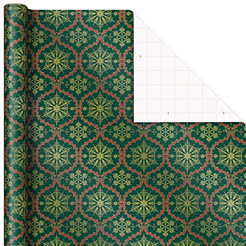 Hallmark Victorian Christmas Wrapping Paper with Cut Lines on Reverse (3 Rolls: 120 sq. ft. ttl) Luxe Florals & Snowflake Patterns, Dark Reds, Forest Greens