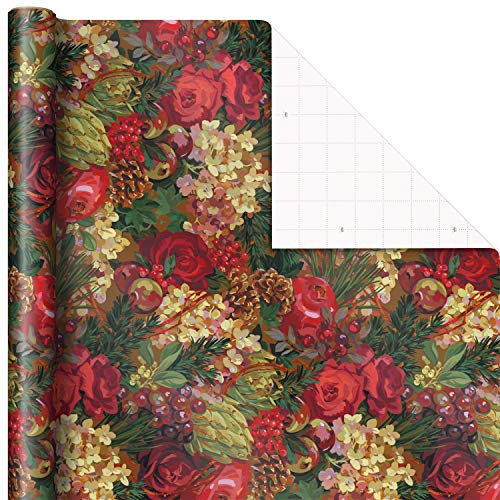 Hallmark Victorian Christmas Wrapping Paper with Cut Lines on Reverse (3 Rolls: 120 sq. ft. ttl) Luxe Florals & Snowflake Patterns, Dark Reds, Forest Greens
