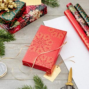 Hallmark Victorian Christmas Wrapping Paper with Cut Lines on Reverse (3 Rolls: 120 sq. ft. ttl) Luxe Florals & Snowflake Patterns, Dark Reds, Forest Greens