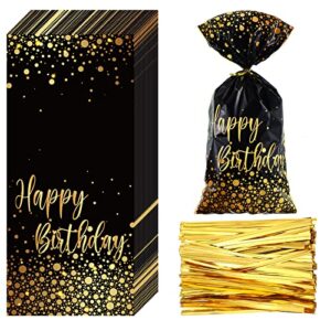100 pcs happy birthday bags small black gold cellophane treat bags dot goodie bags party favor candy bags with 100 golden twist ties cookie packaging gift bags for kids birthday party supplies