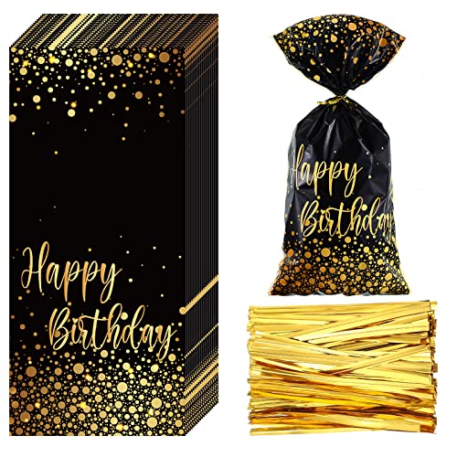 100 Pcs Happy Birthday Bags Small Black Gold Cellophane Treat Bags Dot Goodie Bags Party Favor Candy Bags with 100 Golden Twist Ties Cookie Packaging Gift Bags for Kids Birthday Party Supplies