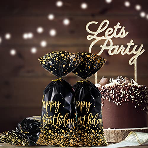 100 Pcs Happy Birthday Bags Small Black Gold Cellophane Treat Bags Dot Goodie Bags Party Favor Candy Bags with 100 Golden Twist Ties Cookie Packaging Gift Bags for Kids Birthday Party Supplies