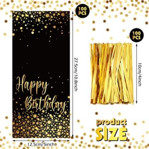 100 Pcs Happy Birthday Bags Small Black Gold Cellophane Treat Bags Dot Goodie Bags Party Favor Candy Bags with 100 Golden Twist Ties Cookie Packaging Gift Bags for Kids Birthday Party Supplies